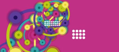 Düz stil geometrik soyut arkaplan, yuvarlak noktalar veya renk arkaplan üzerindeki daire bağlantıları. Teknoloji ağı kavramı.