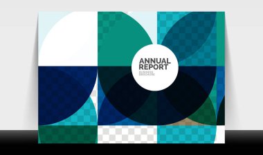 Yatay A4 iş ilanı yıllık rapor şablonu, daireler ve üçgen tarzı broşür, dergi veya kitapçık için modern geometrik tasarımı şekillendirir.