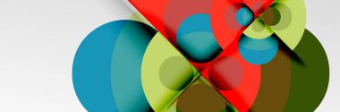 Parlak renkli daireler, soyut yuvarlak şekiller ve gölge efektli üçgenler. Vektör modern geometrik tasarım şablonu