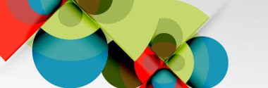 Parlak renkli daireler, soyut yuvarlak şekiller ve gölge efektli üçgenler. Vektör modern geometrik tasarım şablonu