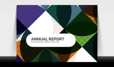 Yatay A4 iş ilanı yıllık rapor şablonu, daireler ve üçgen tarzı broşür, dergi veya kitapçık için modern geometrik tasarımı şekillendirir.
