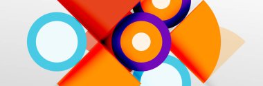 Parlak renkli daireler, soyut yuvarlak şekiller ve gölge efektli üçgenler. Vektör modern geometrik tasarım şablonu
