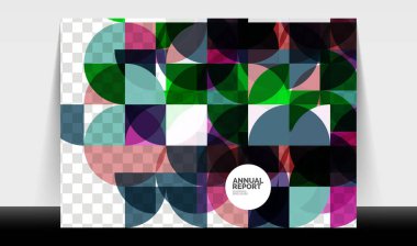 Yatay A4 iş ilanı yıllık rapor şablonu, daireler ve üçgen tarzı broşür, dergi veya kitapçık için modern geometrik tasarımı şekillendirir.