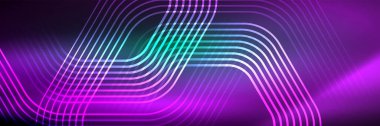 Parlak neon çizgiler, çizgiler ve dalgalar, soyut teknoloji arka planı. İş veya teknoloji sunumu, İnternet posteri veya web broşürü kapağı, duvar kağıdı için modaya uygun soyut düzen şablonu
