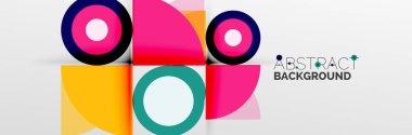Parlak renkli daireler, soyut yuvarlak şekiller ve gölge efektli üçgenler. Vektör modern geometrik tasarım şablonu