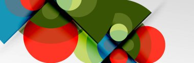 Parlak renkli daireler, soyut yuvarlak şekiller ve gölge efektli üçgenler. Vektör modern geometrik tasarım şablonu