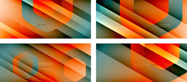 Zestaw sześciokątnych kształtów geometrycznych i gradientów płynów z trójwymiarowym cieniem i jasnymi liniami prostymi, minimalne abstrakcyjne tła — Wektor stockowy