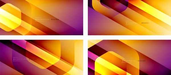 Conjunto de formas geométricas hexágono e gradientes de fluido com sombra 3d e linhas retas de luz, fundos abstratos mínimos — Vetor de Stock