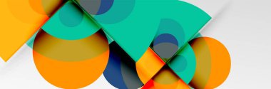 Parlak renkli daireler, soyut yuvarlak şekiller ve gölge efektli üçgenler. Vektör modern geometrik tasarım şablonu