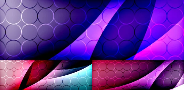 Shiny flowing neon waves abstract background set — Stock Vector