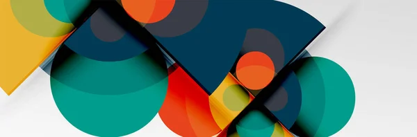 Jasne kręgi kolorów, abstrakcyjne okrągłe kształty i kompozycja trójkątów z efektami cienia. Wektor nowoczesny geometryczny szablon projektu — Wektor stockowy