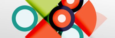 Parlak renkli daireler, soyut yuvarlak şekiller ve gölge efektli üçgenler. Vektör modern geometrik tasarım şablonu