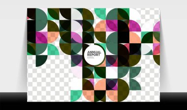 Yatay A4 iş ilanı yıllık rapor şablonu, daireler ve üçgen tarzı broşür, dergi veya kitapçık için modern geometrik tasarımı şekillendirir.