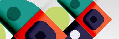Parlak renkli daireler, soyut yuvarlak şekiller ve gölge efektli üçgenler. Vektör modern geometrik tasarım şablonu