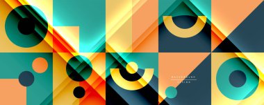 Neo memphis geometrik deseni daireler, kareler ve çizgilerle. Kapaklar, afişler, el ilanları ve posterler ve diğer şablonlar için pop sanatları soyut arka plan