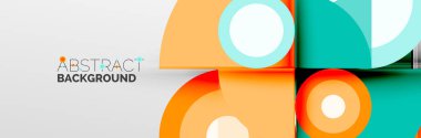 Parlak renkli daireler, soyut yuvarlak şekiller ve gölge efektli üçgenler. Vektör modern geometrik tasarım şablonu