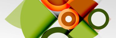 Parlak renkli daireler, soyut yuvarlak şekiller ve gölge efektli üçgenler. Vektör modern geometrik tasarım şablonu