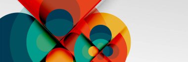 Parlak renkli daireler, soyut yuvarlak şekiller ve gölge efektli üçgenler. Vektör modern geometrik tasarım şablonu