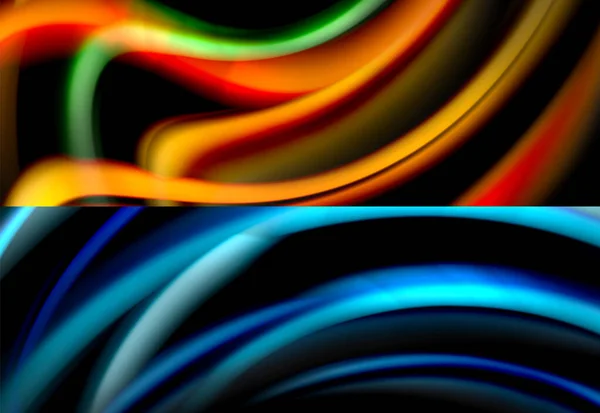 Set of fluid color abstract backgrounds. Liquid wave lines on black. Modern wallpapers — Stock Vector