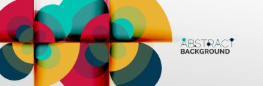 Parlak renkli daireler, soyut yuvarlak şekiller ve gölge efektli üçgenler. Vektör modern geometrik tasarım şablonu