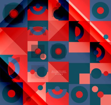 Neo memphis geometrik deseni daireler, kareler ve çizgilerle. Kapaklar, afişler, el ilanları ve posterler ve diğer şablonlar için pop sanatları soyut arka plan