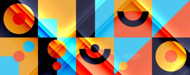 Neo memphis geometrik deseni daireler, kareler ve çizgilerle. Kapaklar, afişler, el ilanları ve posterler ve diğer şablonlar için pop sanatları soyut arka plan