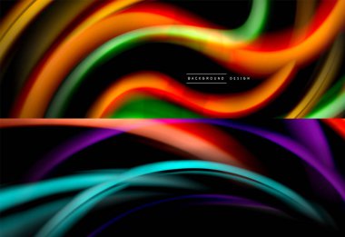 Akışkan renk soyut arkaplan seti. Siyaha sıvı dalga çizgileri. Modern duvar kağıtları