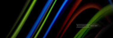 Dinamik hareket soyut arkaplan. Siyah üzerine bulanık renkli çizgiler. Sıvı çizgiler posteri. Vektör illüstrasyonu