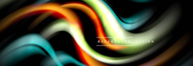 Dinamik hareket soyut arkaplan. Siyah üzerine bulanık renkli çizgiler. Sıvı çizgiler posteri. Vektör illüstrasyonu