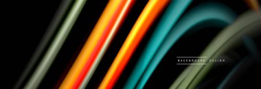 Dinamik hareket soyut arkaplan. Siyah üzerine bulanık renkli çizgiler. Sıvı çizgiler posteri. Vektör illüstrasyonu