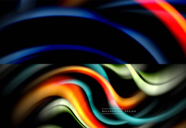 Akışkan renk soyut arkaplan seti. Siyaha sıvı dalga çizgileri. Modern duvar kağıtları