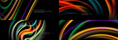 Akışkan renk soyut arkaplan seti. Siyaha sıvı dalga çizgileri. Modern duvar kağıtları