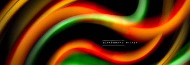 Dinamik hareket soyut arkaplan. Siyah üzerine bulanık renkli çizgiler. Sıvı çizgiler posteri. Vektör illüstrasyonu