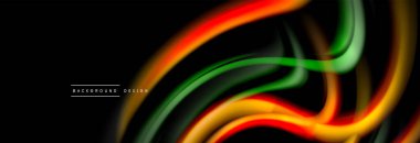 Dinamik hareket soyut arkaplan. Siyah üzerine bulanık renkli çizgiler. Sıvı çizgiler posteri. Vektör illüstrasyonu