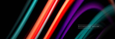 Dinamik hareket soyut arkaplan. Siyah üzerine bulanık renkli çizgiler. Sıvı çizgiler posteri. Vektör illüstrasyonu