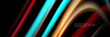 Dinamik hareket soyut arkaplan. Siyah üzerine bulanık renkli çizgiler. Sıvı çizgiler posteri. Vektör illüstrasyonu