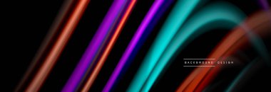 Dinamik hareket soyut arkaplan. Siyah üzerine bulanık renkli çizgiler. Sıvı çizgiler posteri. Vektör illüstrasyonu