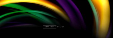 Dinamik hareket soyut arkaplan. Siyah üzerine bulanık renkli çizgiler. Sıvı çizgiler posteri. Vektör illüstrasyonu