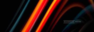 Dinamik hareket soyut arkaplan. Siyah üzerine bulanık renkli çizgiler. Sıvı çizgiler posteri. Vektör illüstrasyonu