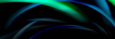 Dinamik hareket soyut arkaplan. Siyah üzerine bulanık renkli çizgiler. Sıvı çizgiler posteri. Vektör illüstrasyonu