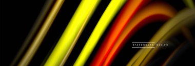 Dinamik hareket soyut arkaplan. Siyah üzerine bulanık renkli çizgiler. Sıvı çizgiler posteri. Vektör illüstrasyonu