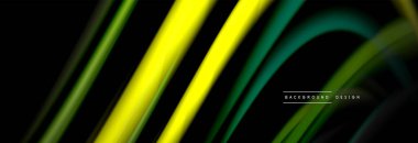 Dinamik hareket soyut arkaplan. Siyah üzerine bulanık renkli çizgiler. Sıvı çizgiler posteri. Vektör illüstrasyonu