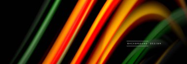 Dinamik hareket soyut arkaplan. Siyah üzerine bulanık renkli çizgiler. Sıvı çizgiler posteri. Vektör illüstrasyonu