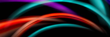 Dinamik hareket soyut arkaplan. Siyah üzerine bulanık renkli çizgiler. Sıvı çizgiler posteri. Vektör illüstrasyonu