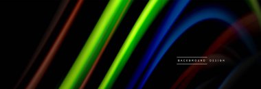 Dinamik hareket soyut arkaplan. Siyah üzerine bulanık renkli çizgiler. Sıvı çizgiler posteri. Vektör illüstrasyonu