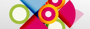 Parlak renkli daireler, soyut yuvarlak şekiller ve gölge efektli üçgenler. Vektör modern geometrik tasarım şablonu