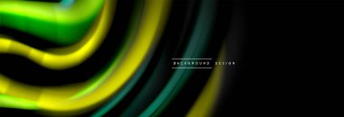 Dinamik hareket soyut arkaplan. Siyah üzerine bulanık renkli çizgiler. Sıvı çizgiler posteri. Vektör illüstrasyonu