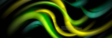 Dinamik hareket soyut arkaplan. Siyah üzerine bulanık renkli çizgiler. Sıvı çizgiler posteri. Vektör illüstrasyonu