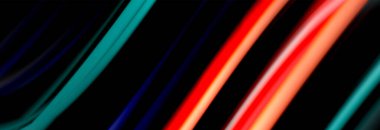 Dinamik hareket soyut arkaplan. Siyah üzerine bulanık renkli çizgiler. Sıvı çizgiler posteri. Vektör illüstrasyonu