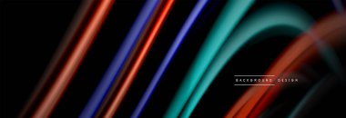 Dinamik hareket soyut arkaplan. Siyah üzerine bulanık renkli çizgiler. Sıvı çizgiler posteri. Vektör illüstrasyonu